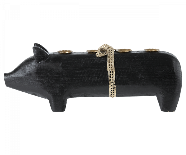 Maileg, Advent Schwein "Wooden pig, Black, Large 2022" für 4 Kerzen
